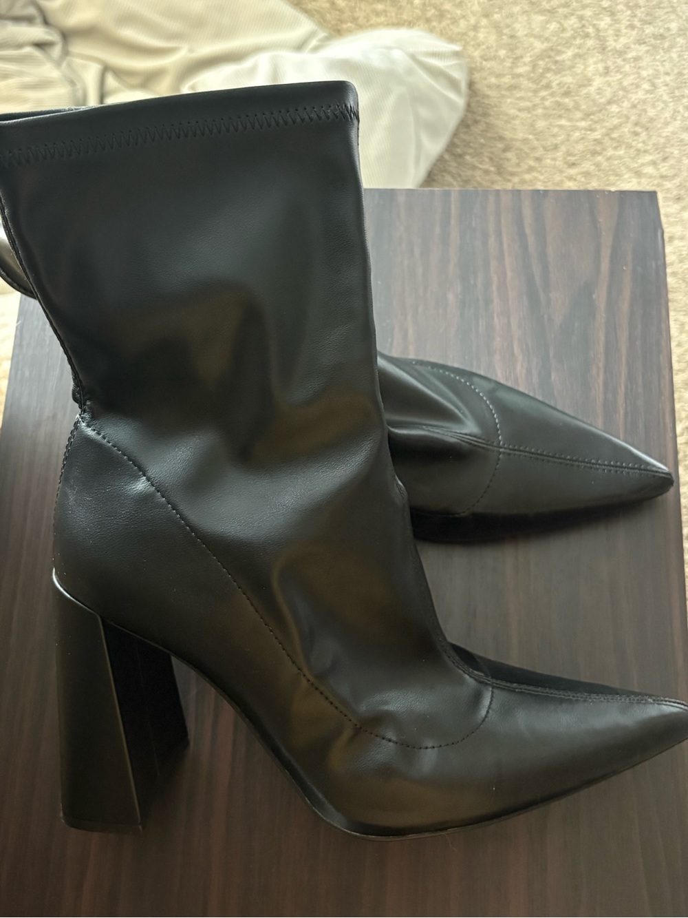 ZARA Black Pointed Toe Stretch Sock Boots Block Heel Size 40